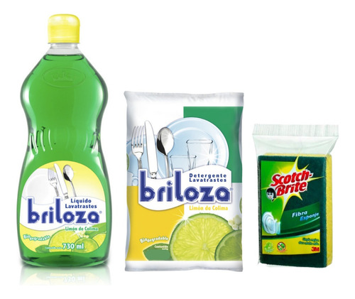 Lavatrastes Briloza 730ml + Jabón Polvo 1kg +fibra 3m Gratis