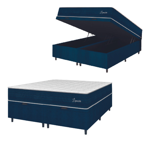 Cama Box Baú Casal King Colchão Com Molas Lamore Azul