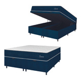 Cama Box Baú Casal King Colchão Com Molas Lamore Azul