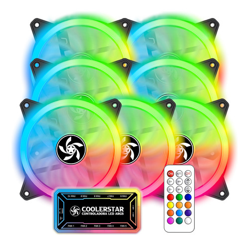 Kit 7 Cooler Fan 120mm Led Rgb Rainbow Controladora Gabinete