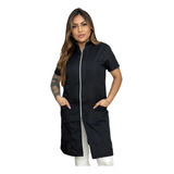 Jaleco Oxford Feminino Preto Zíper Prata Manga Curta