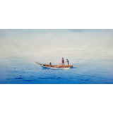 Cuadros Barcos Azul Playas 50x100cm Pintado A Mano 112