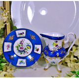 Bella Jarrita De Porcelana Color Azul Con Flores + Plato 