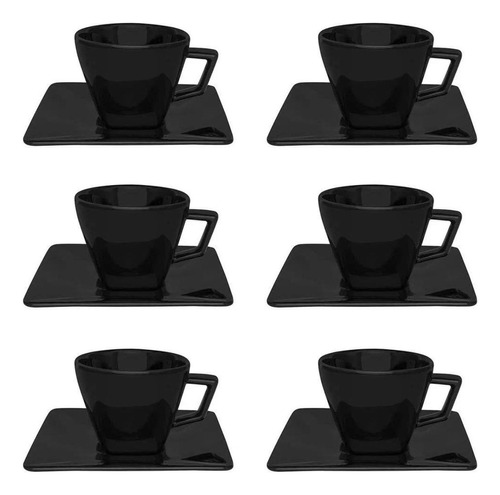 6 Xícaras 75 Ml Com Pires Café Expresso Quartier Black 