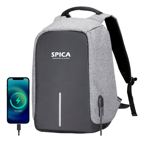 Mochila Antirrobo Impermeable Spica Notebook Usb Anticorte Color Gris