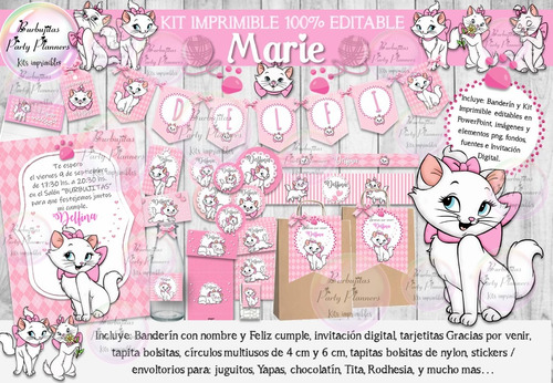 Kit Imprimible Candy Bar Gatita Marie 100% Editable