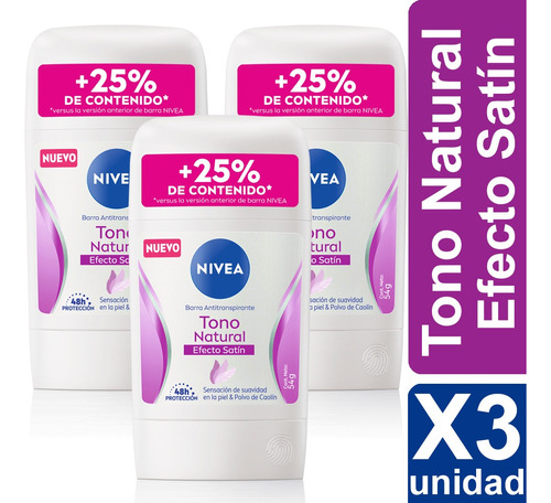 Desodorante Nivea Tono Natural Efecto Satin Barra X3 Unid