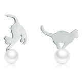 Aretes Diseño Gatos Gatitos Con Perla Auténtica Plata S925