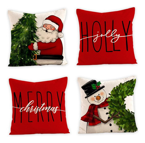 Conjunto De 4 Fronhas De Natal Para Papai Noel Sofá [u]