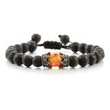 Pulsera De Piedra Lava Negra Corona Con Ámbar De Fuego