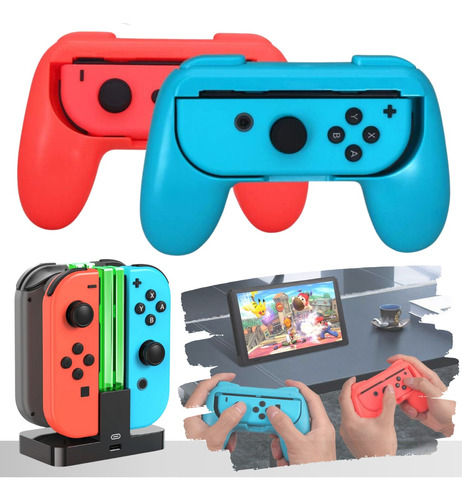 Suporte Gamepad Grip Joycon + Carregador Nintendo Switch Led