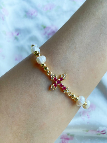 Pulseras Mujer De Perlas Con Cruz 18k Chapa De Oro