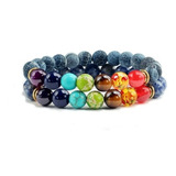 Set De Pulsera 7 Chakras Azul-blanco Piedra Volcánica