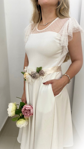 Vestido Blanco Tul Plumetí Mangas Con Volados Novia Civil 