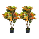 2 Plantas Artificiales De Croton, Árbol De Hojas De Violín D