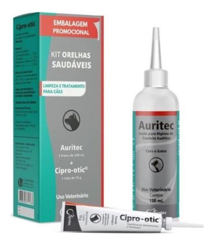 Kit Otológico P/ Cães Tratamento Otite Auritec + Cipro Otic