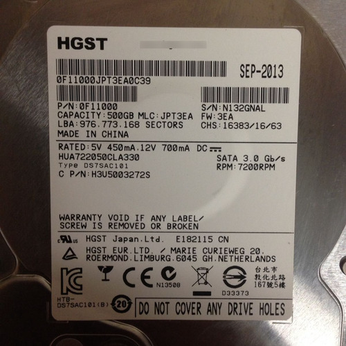 Disco Duro Interno Hgst Hua722050cla33 1 Tb 500gb *open Box*