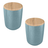 2x Porta Algodão Cotonete Ou Ceramica Azul C/ Tampa Bambu