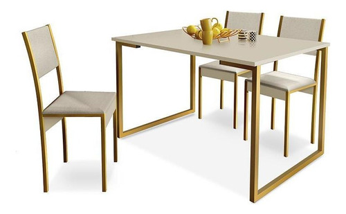 Mesa De Jantar E Cadeiras Steel Estilo Industrial Pés Em Aço Cor Dourado/off White