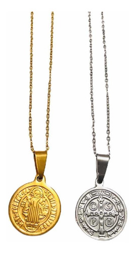 Dos Medallas De San Benito Con Cadena En Acero