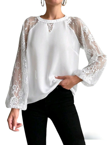 Blusa Blanca Crepe De Seda Con Encaje En Mangas Importada