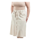 Saia Midi De Botão Moda Evangélica Linho Natural Plus Size