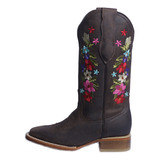 Bota Vaquera De Mujer Bull Dog Piel Original Jaar Café Flor