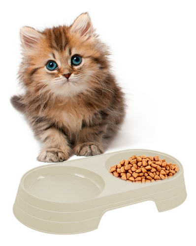 Plato Doble Para Alimento De Raza Pequeña Mascota Perro Gato Color Beige