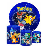 Kit Pokemon Trio Capas De Cilindro + Painel Redondo Tecido