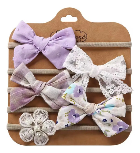 Diadema Bebe Niña Set Rosa Moño Elastico Nailon Set 4pzas