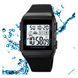 Soku Reloj Digital Deportivo Impermeable Alarma Cronometro Correa Negro Bisel Negro Menu Azul Fondo Blanco