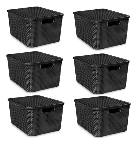 Kit C/ 6 Cesto Caixas Organizadoras Rattan 7l C/ Tampa Preto