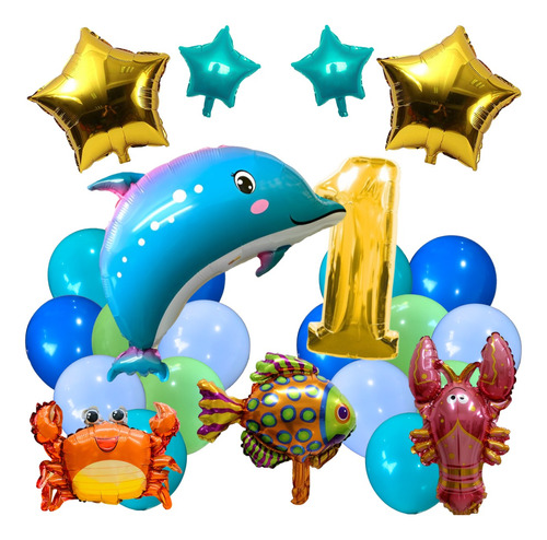 Combo Globos Cumpleaño Animales Mar Delfin Estrella Completo