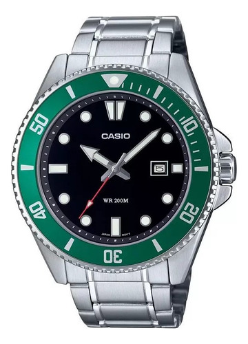 Reloj Casio Hombre Mdv-107d-3a Analogico 200m Acero Inox Color De La Malla Plateado Color Del Bisel Verde Color Del Fondo Negro