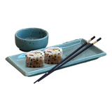 Kit 3 Pratos Sushi Azul E 3 Molheira Nozoki Porcelana