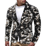 Blazer Casual De Hombre En Algodón Y Lino Estampada