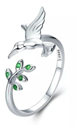 Anillo Ajustable Para Mujer Pájaro Colibrí Rama En Plata 925