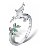 Anillo Plata Ajustable Diseño Colibrí Con Circones Verdes