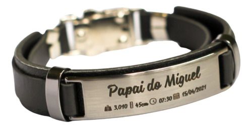 Pulseira Couro Masculina Personalizado Dados Nascimento 