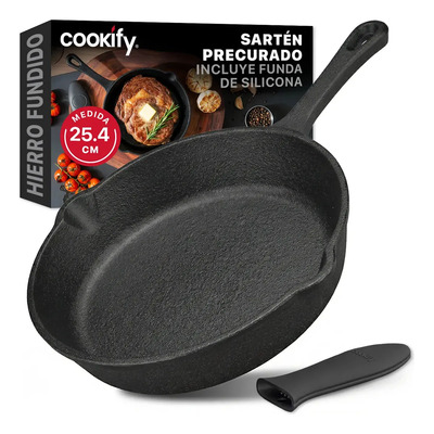 Sartén De Hierro Fundido Precurado Cookify 25.4 Cm | Ferro-lux Series | Skillet Duradero, Distribución Uniforme De Calor, Ideal Para Asador. Color Negro | Meses sin interés