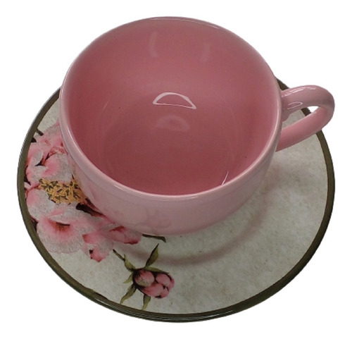 Jogo 6 Xícaras Chá Ou Café + Pires Porcelana 250ml Rosa