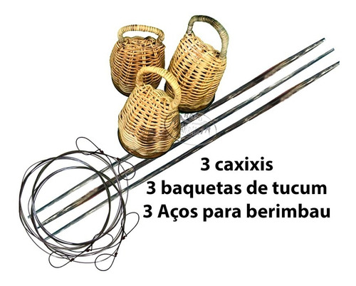 Kit 3 Caxixi, 3 Baquetas De Tucum, 3 Cordas - Rabo De Arraia