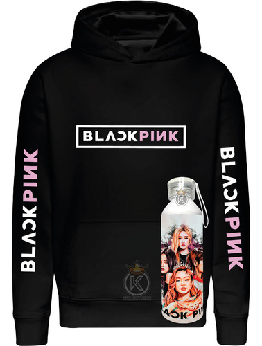 Poleron Black Pink + Botella En Aluminio - Blackpink - Surcoreano - K-pop - Mujeres - Full Color - Musica - Jisoo, Jennie, Rosé Y Lisa -- Estampaking