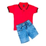 Kit Camisa Polo + Bermuda Jeans Masculino Infantil 1 E 2