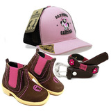 Kit Infantil Feminino Menina Botina Couro Rosa Cinto Bone