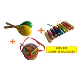 Set Musical Juguete Madera Tambor + Xilófono + Maracas