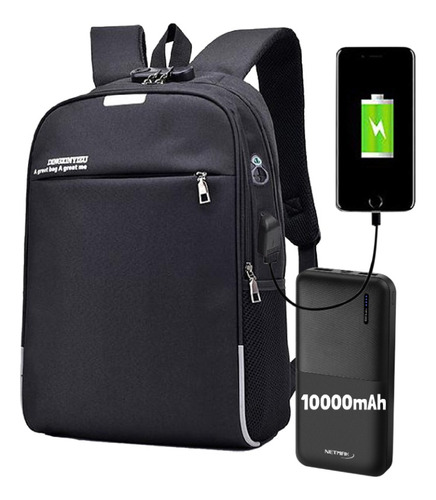 Combo Mochila Antirrobo Usb Candado + Power Bank Cargador