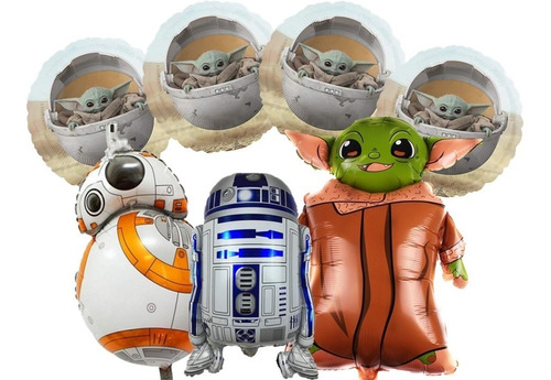 7 Globos  Metalizados 4 Redondos 3 Star Wars Yoda Bb8 R2 D2