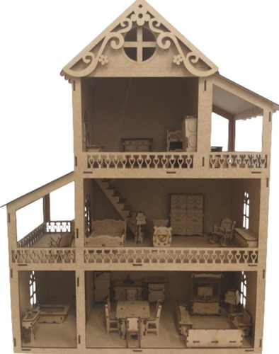 Casinha De Bonecas Polly 60cm + 32 Móveis Mdf Cru Montada 