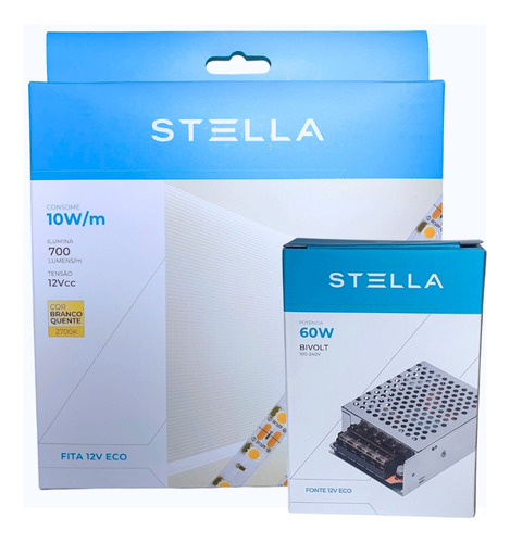 Fita Led 10w/m 12v + Fonte 12v 60w/m Stella